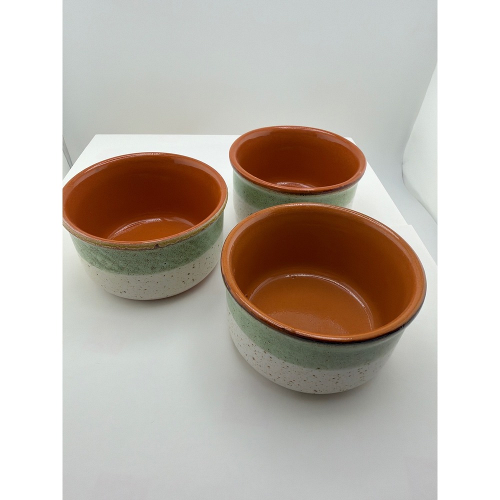 Set of 3 Stoneware Ramekins Terracotta Green Speckled Cream Ceramic Small Bowls